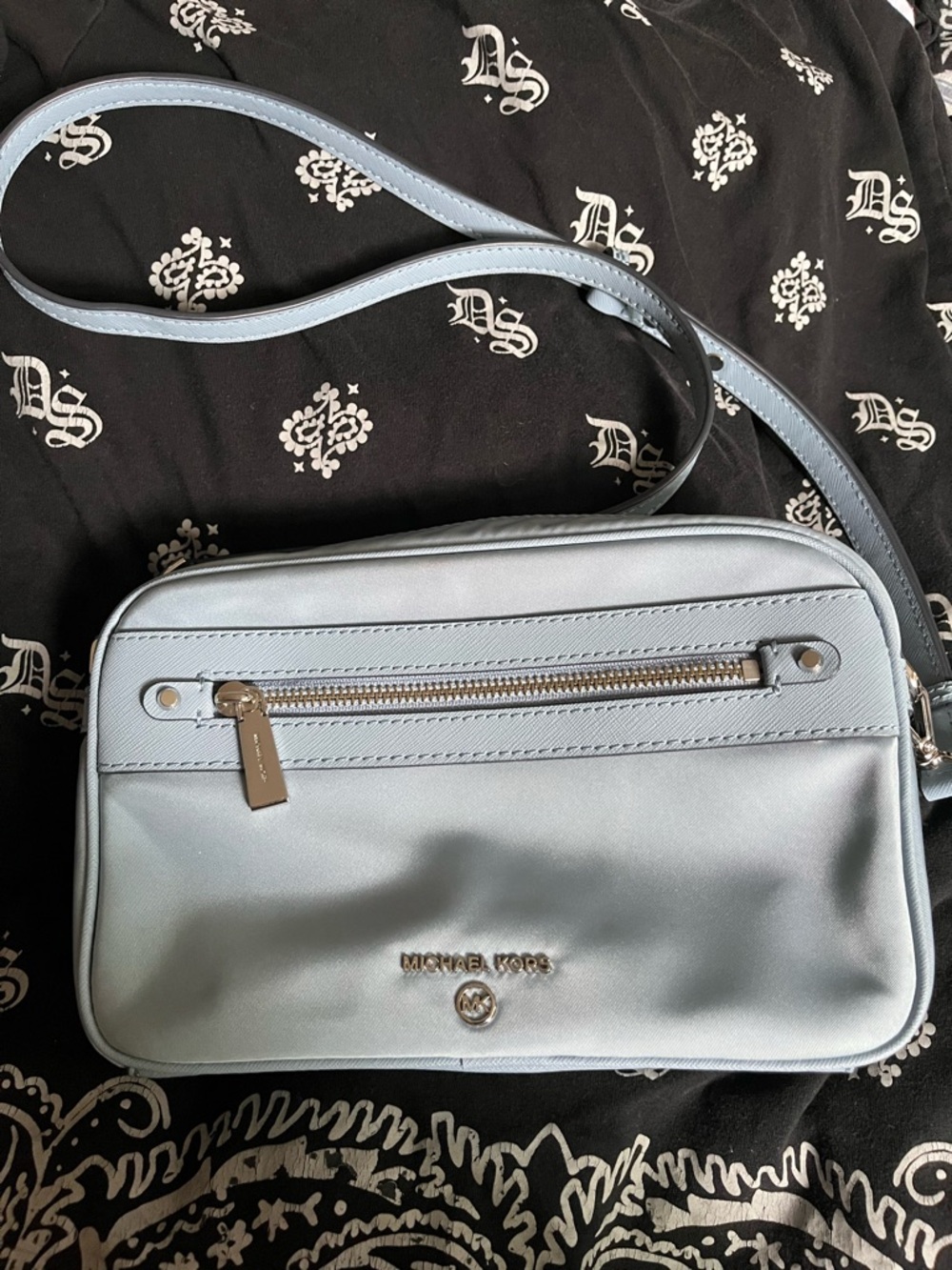 Michael Kors Pale Blue Leather Crossbody with Front Zip